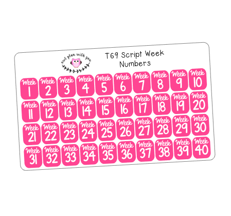 Week Numbers Stickers T69 || 40 Script Week Number Stickers – OwlPlanWithYou