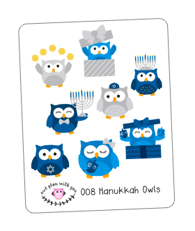 O08 || 8 Hanukkah Owl Stickers