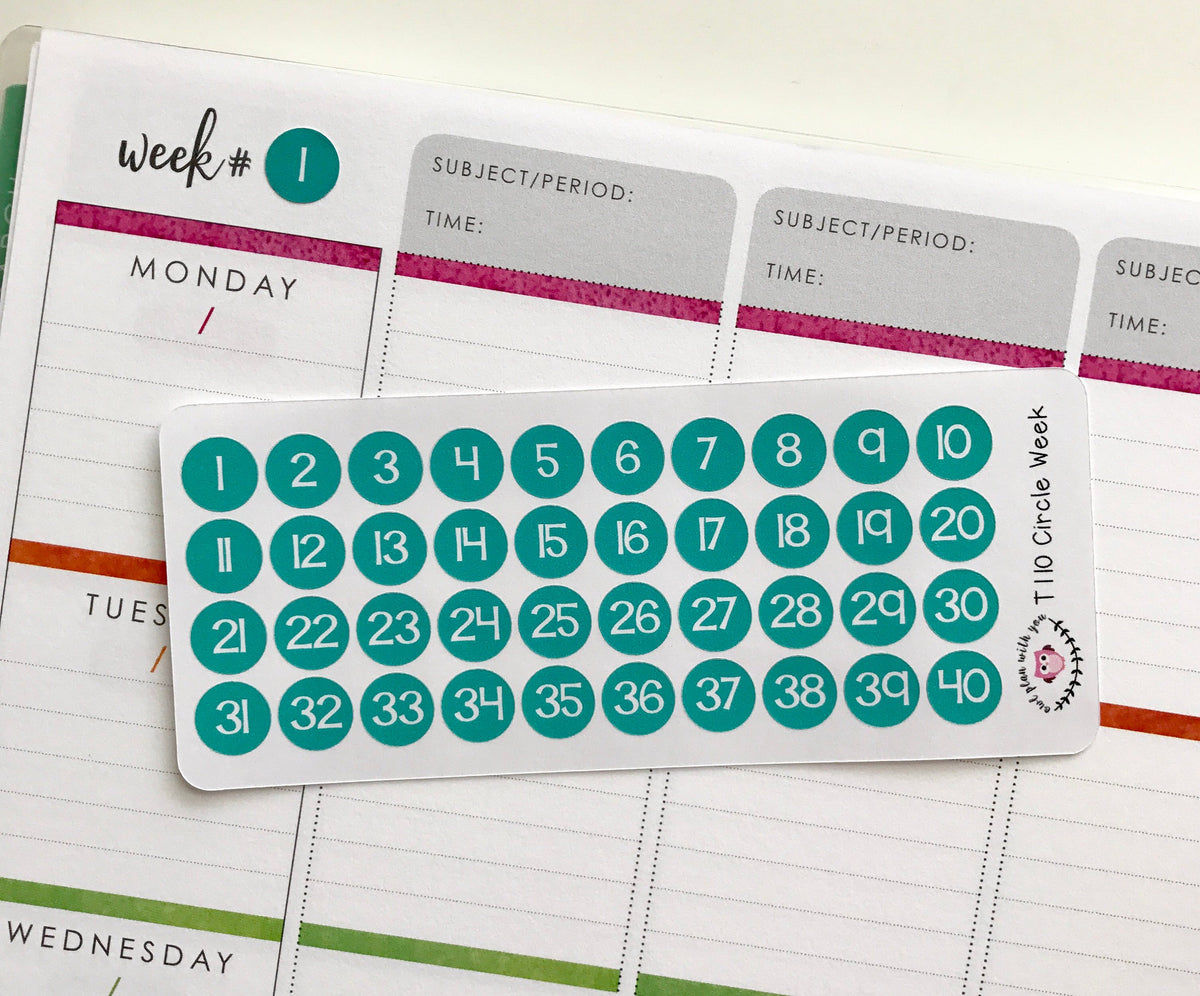 Week Numbers Stickers T110 || 40 Circle Week Number Stickers – OwlPlanWithYou